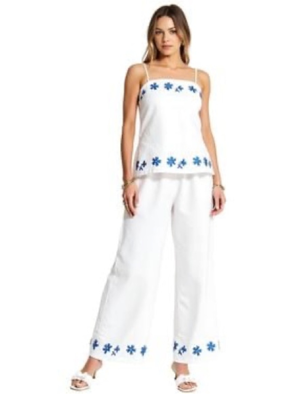 NWOT Modenaire White Embroidered Cami & Wide Leg Pants Matching Set